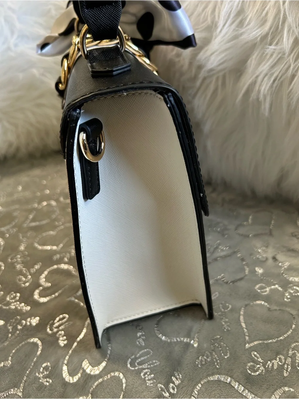 NWT Aldo, Medium,  Black and Cream Top-Handle Satchel with Gold Chain Accent